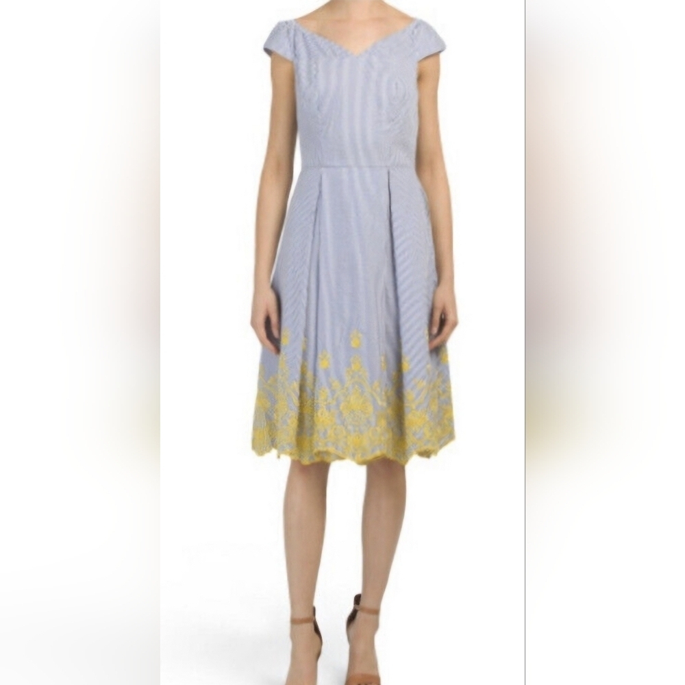 Nicole Miller Dress Womens 12 Blue White Striped Sailor Pleats Yellow Embroidery - Picture 1 of 9